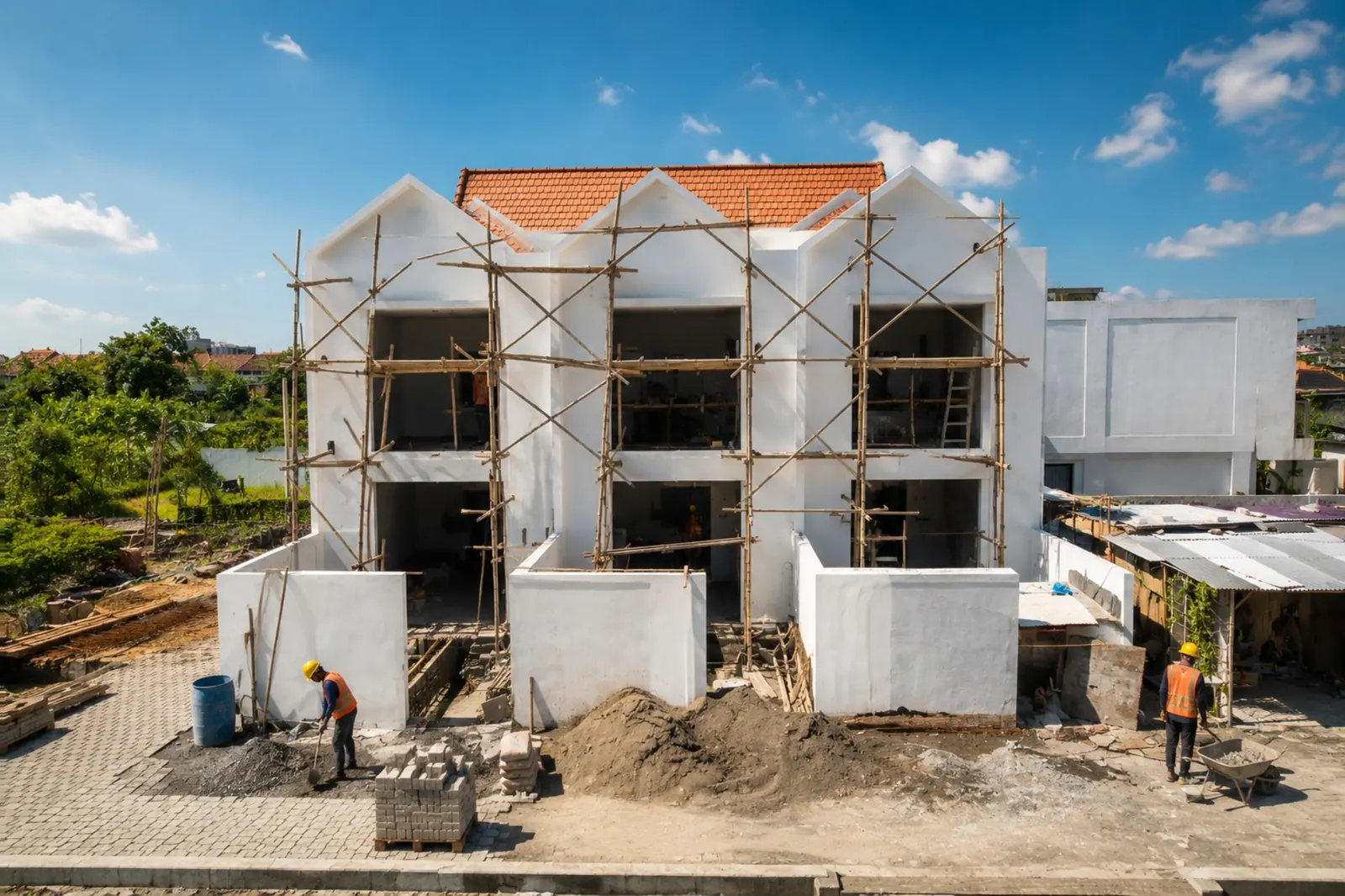 Terraced houses under construction in Bali with bamboo scaffolding and workers on site
