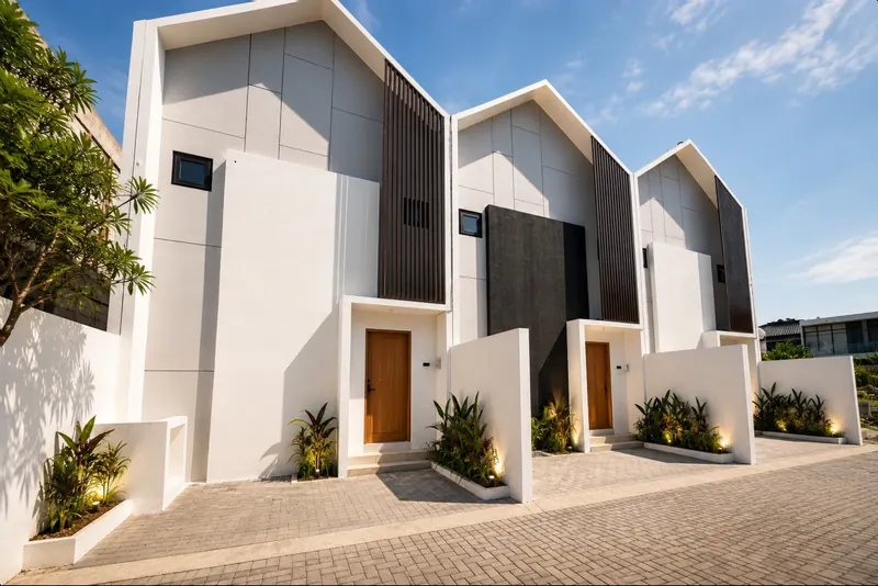 Finished white townhouses with pitched gable roofs in Bali